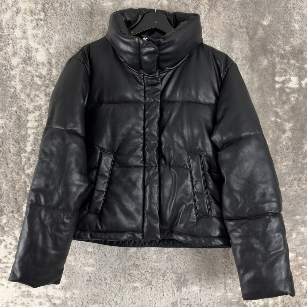 Abercrombie & Fitch Size S Vegan Leather Mini Puffer Jacket Black Women
